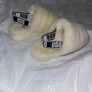UGG Cream Plush Slippers with Logo Strap
